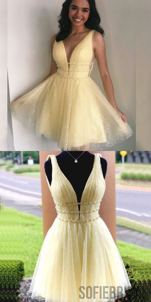 A-line V-neck Sparkly Yellow Tulle Beading Short Homecoming Dress, HD0167