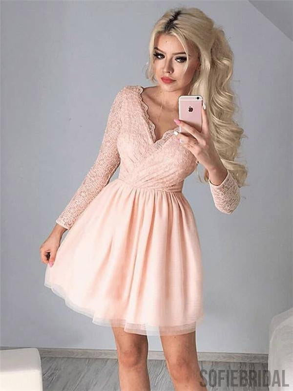 A-line V-neck Long Sleeves Lace Top Short Homecoming Dress, HD0178