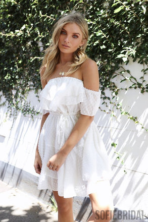 Off-shoulder Lace Above Knee Homecoming Dress With Ruffles, HD0165