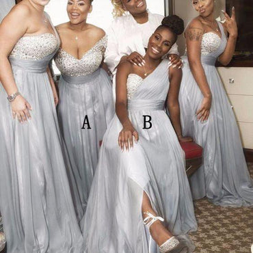 Mismatched Rhinestone Shinny Top Light Grey Long A-line Side Slit Bridesmaid Dresses, PD0301