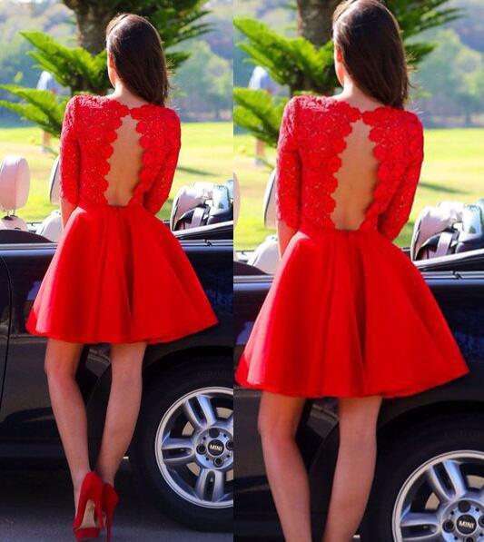 Red Sexy Long sleeve open back lace homecoming prom dresses, CM0002