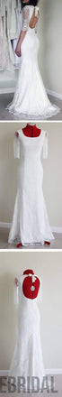 Popular Half Sleeve Sexy Long Mermaid Open Back White Lace Wedding Party Dress, WD0041