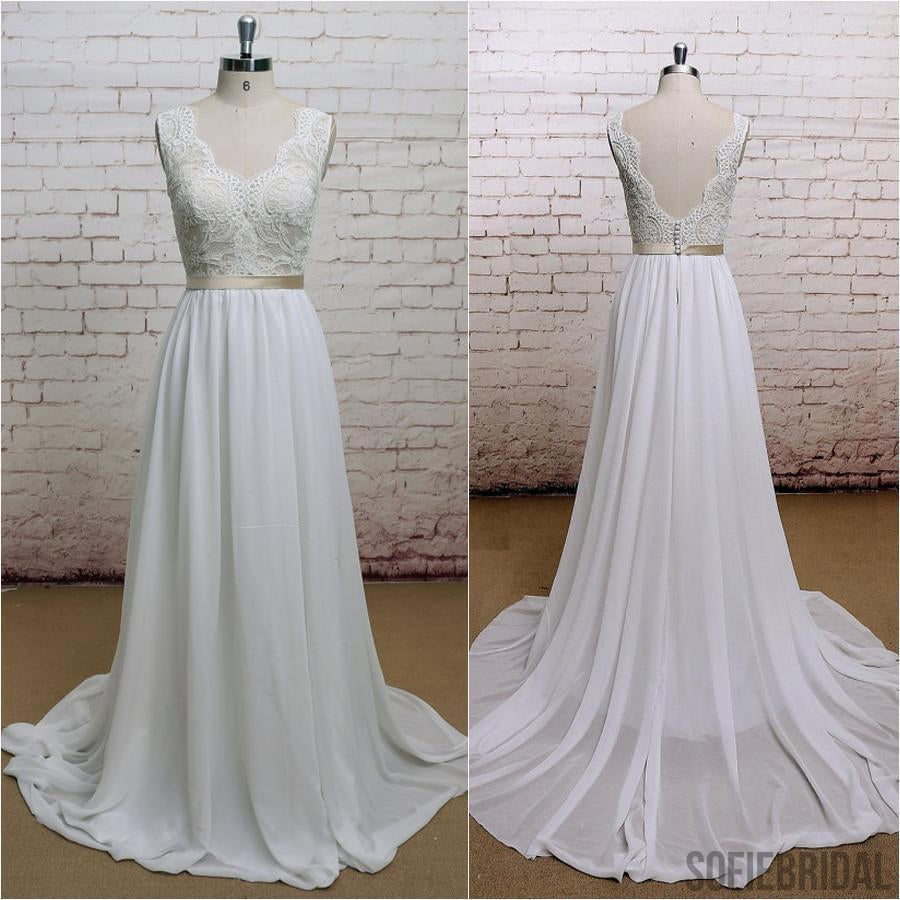 Backless V Neck Cap Sleeve Lace Simple Cheap Beach Wedding Dresses, WD323