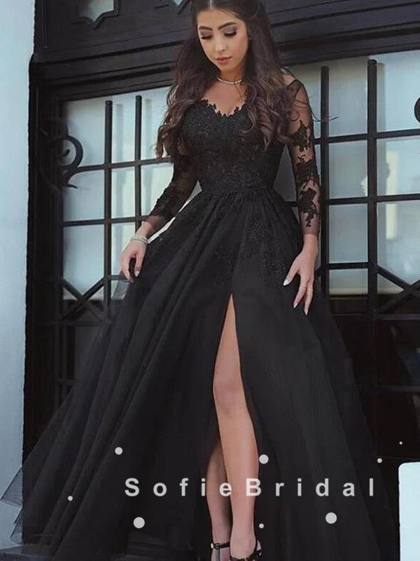 A-Line Long Sleeves Black Tulle Split Side Prom Dresses With Lace,SFPD0043