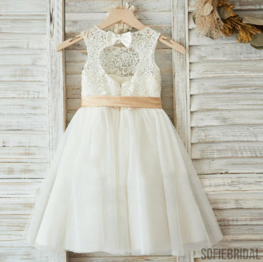 Illusion Lace Top Open Back Lovely Flower Girl Dresses,  Cheap Little Girl Dresses, FG078