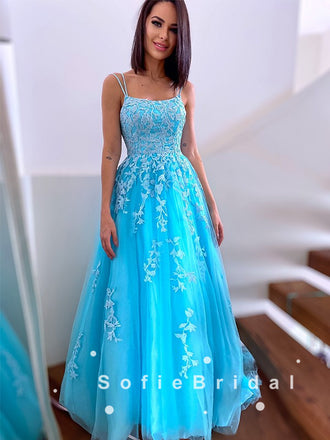 A-Line Spaghetti Straps Blue Tulle Long Prom Dresses With Lace,SFPD0044