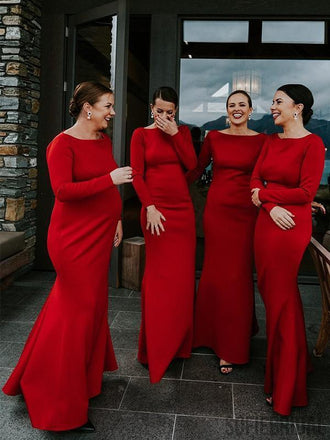 Mermaid Beteau Neck Simple Long SLeeves Red Bridesmaid Dresses, BD1088