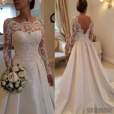 Long A-line Full Length Round Neck Long Sleeve Lace Top Satin Wedding Party Dresses, WD0043