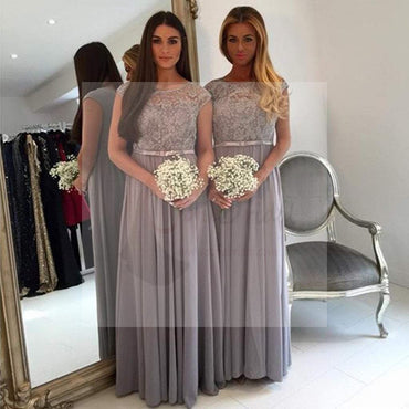 Modest Cap Sleeve Lace A Line Grey Floor-Length Chiffon Wedding Guest Dresses For Maid of Honor, WG44