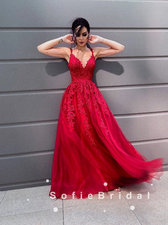 A-Line V-Neck Spaghetti Straps Red Tulle Long Prom Dresses With Lace,SFPD0045