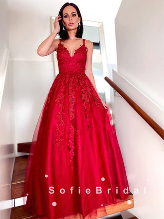 A-Line V-Neck Spaghetti Straps Red Tulle Long Prom Dresses With Lace,SFPD0045