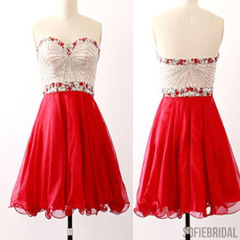 Red Strapless sparkly unique vintage chiffon unique homecoming prom dress,BD0044