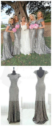 Sparkly Popular Cheap Short Sleeve Bling Silver Sequin Sexy Mermaid Long Bridesmaid dresses, WG46