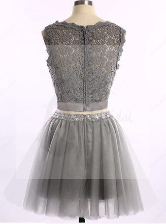 Two pieces grey lace tulle homecoming prom dresses, CM0003