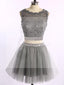 Two pieces grey lace tulle homecoming prom dresses, CM0003