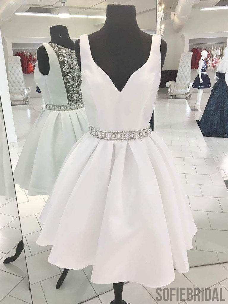 Sexy See Through V Neck Short Rhinestone White Homecoming Dresses 2018, CM486