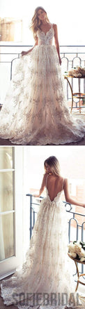 Long A-line Spaghetti V-back Sexy Lace Bridal Gown, Wedding Party Dress, WD0046