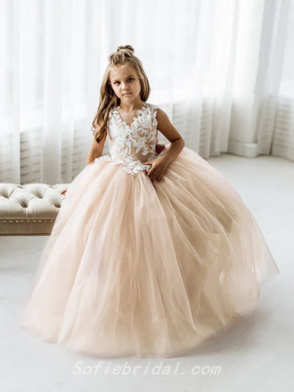 Cute Elegant Spaghetti Straps Lace Tulle A-Line Flower Girl Dresses, FGS0032