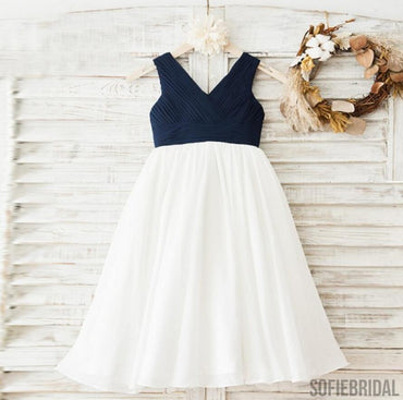 Navy Chiffon V-neck White Skirt Flower Girl Dresses, Simple Little Girl Dresses, FG081