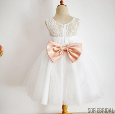 Lovely Illusion Lace Top Tulle Flower Girl Dresses with Knot Bow, Little Girl Dresses, FG082