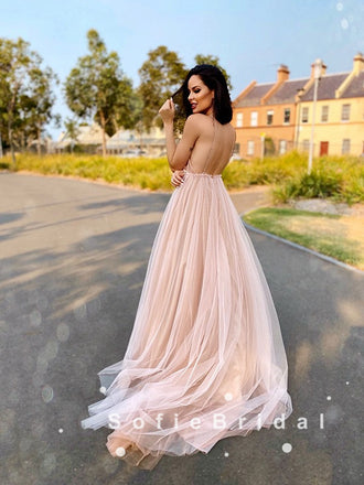 A-Line Deep V-Neck Spaghetti Straps Tulle Prom Dresses With Appliques,SFPD0048