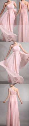 Popular Junior One Shoulder Pink Chiffon Simple Cheap Long Pleating Wedding Party Dress Hot Sale Bridesmaid Dresses, WG49