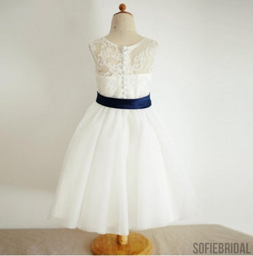 Illusion Lace Tulle Flower Girl Dresses with Navy Belt, Affordable Flower Girl Dresses, FG083