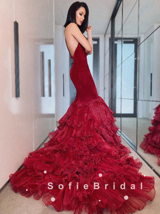 Mermaid One Shoulder Red Velvet Custom Long Prom Dresses,SFPD0049