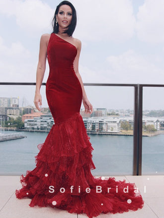 Mermaid One Shoulder Red Velvet Custom Long Prom Dresses,SFPD0049