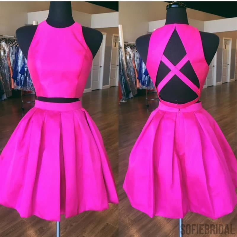 Sexy Open Back Hot Pink Two Piece Simple Cheap Homecoming Dresses 2018, CM490