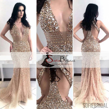 Sexy Deep V-neck Rhinestone Prom Dresses, Mermaid Prom Dresses, Popular Prom Dress, PD0418