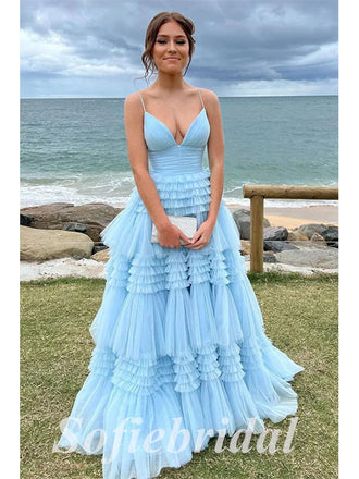 Sexy Tulle Spaghetti Straps V-Neck A-Line Long Prom Dresses, PD0848