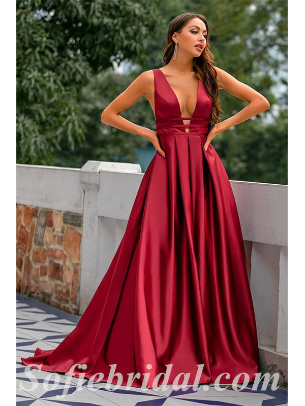 Sexy Burgandy Satin Spaghetti Straps V-Neck Sleeveless Open Back A-Line Long Prom Dresses,SFPD0400