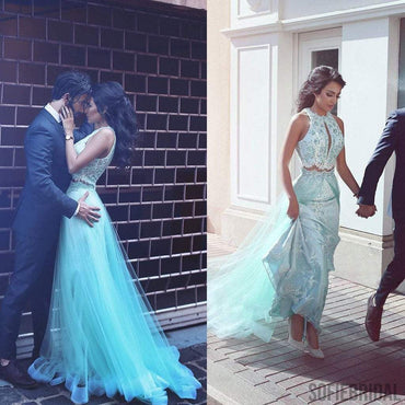 Two Piece Blue Tulle Gorgeous Long A-line Lace Prom Dresses, Long Prom Dresses, PD0220