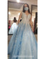 Elegant Blue Tulle Lace Spaghetti Straps A-Line Long Prom Dresses/Graduation Dresses,SFPD0322