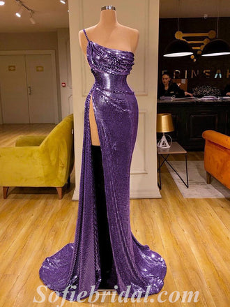 Sexy Purple Special Fabric One shoulder Side Slit Mermaid Long Prom Dresses,SFPD0453