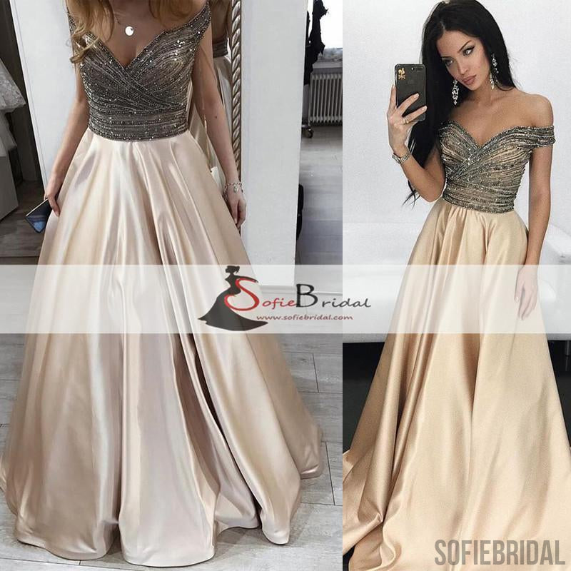 Off  Shoulder Beaded Top A-line Satin Prom Dresses, Gorgeous Long Prom Dresses, PD0465