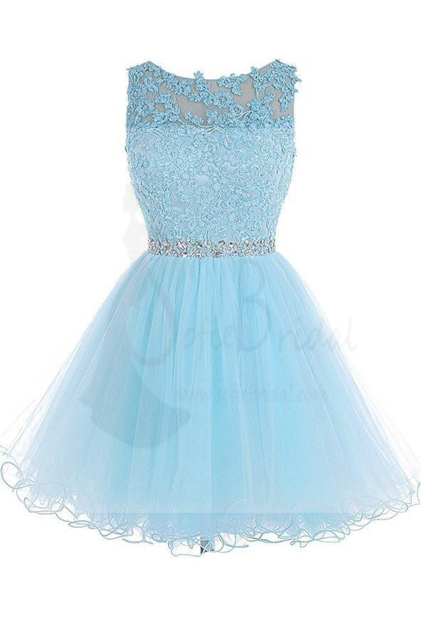 Sexy Open back Light Blue lace Tulle homecoming prom dresses, CM0020