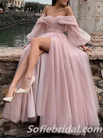 Sexy Tulle Off Shoulder Long Sleeve A-Line Side Slit Long Wedding Dresses,SFWD0069