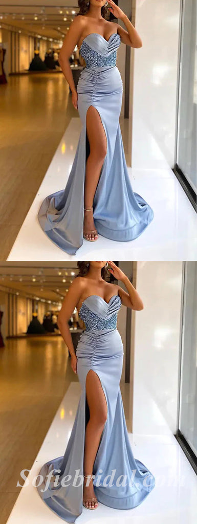 Sexy Satin And Sequin Sweetheart Sleeveless Side Slit Mermaid Long Prom Dresses,SFPD0494