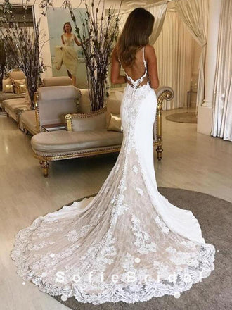 Mermaid Spaghetti Straps Long Wedding Dresses With Lace,SFWD0005