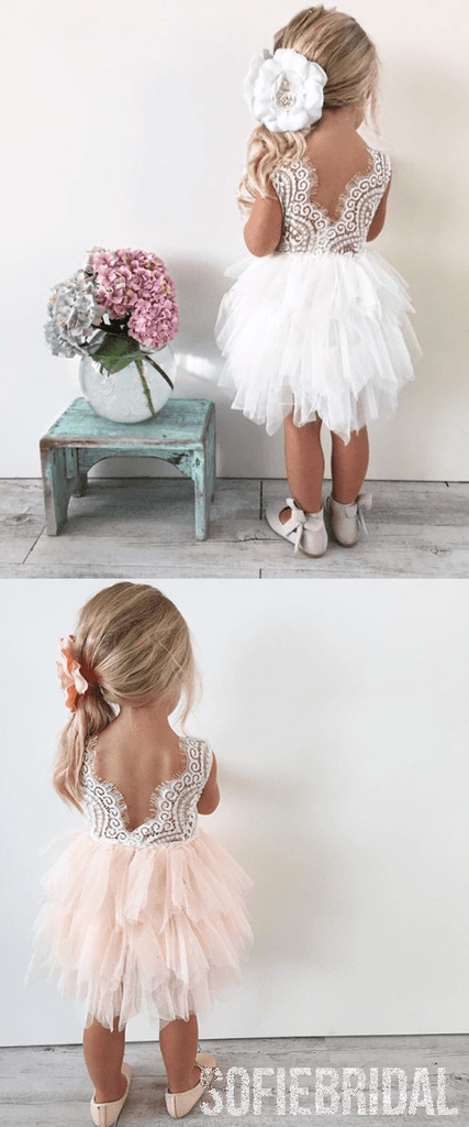 Scoop Neckline Lace Top Tulle Popular Tulle Flower Girl Dresses, Cheap Little Girl Dresses,  FG018