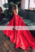 Scoop Backless Red A-line Satin Prom Dresses, Long Train Prom Dresses, Formal Dresses, PD0466