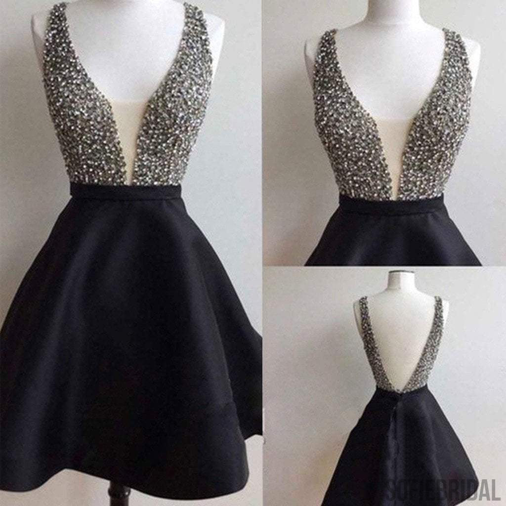 Short black rhinestone backless sexy freshman homecoming prom dress,BD0050