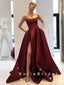 A-Line Strapless Burgundy Satin Cheap Floor Length Prom Dresses With Slit,SFPD0051