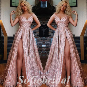 Sexy Sequin Tulle Spaghetti Straps V-Neck Sleeveless Side slit A-Line Long Prom Dresses,PD0789