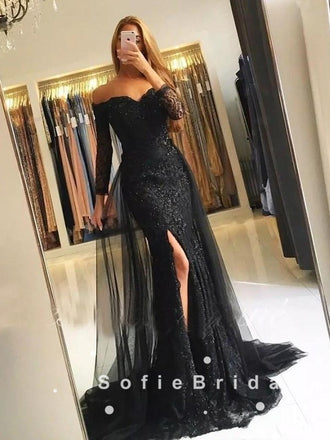 Mermaid Off The Shoulder Long Sleeves Black Split Side Detachable Prom Dresses With Lace,SFPD0052