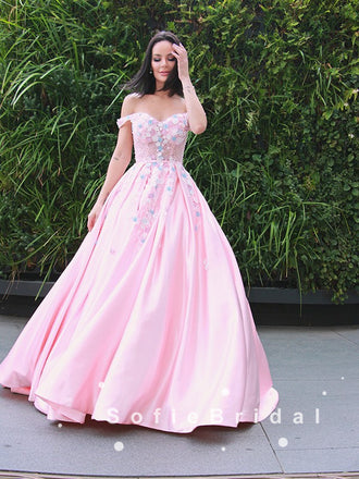 Ball Gown Off The Shoulder Pink Floor Length Prom Dresses With Appliques,SFPD0053