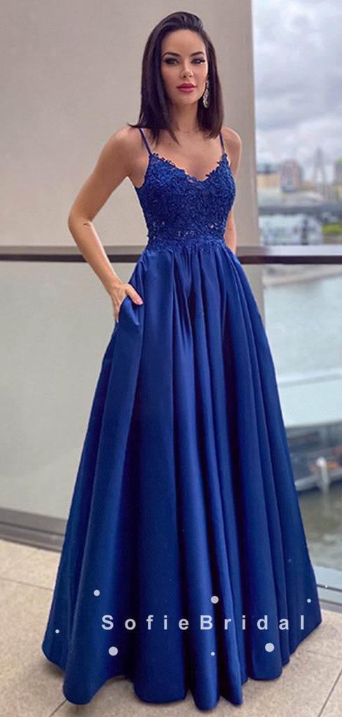 A-Line V-Neck Spaghetti Straps Royal Blue Long Prom Dresses With Lace,SFPD0056