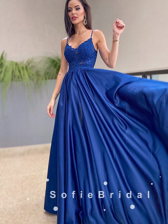 A-Line V-Neck Spaghetti Straps Royal Blue Long Prom Dresses With Lace,SFPD0056